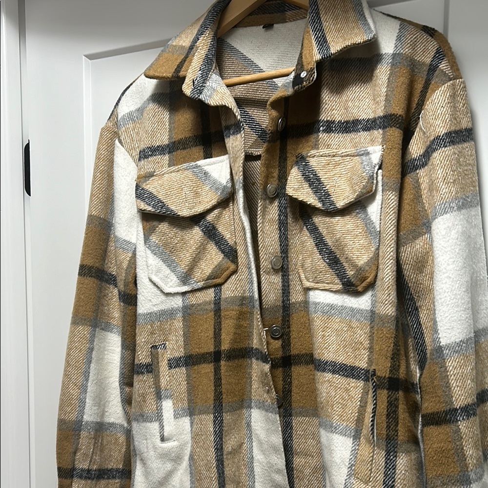 Plaid Tan and White Women's Plaid Jacket